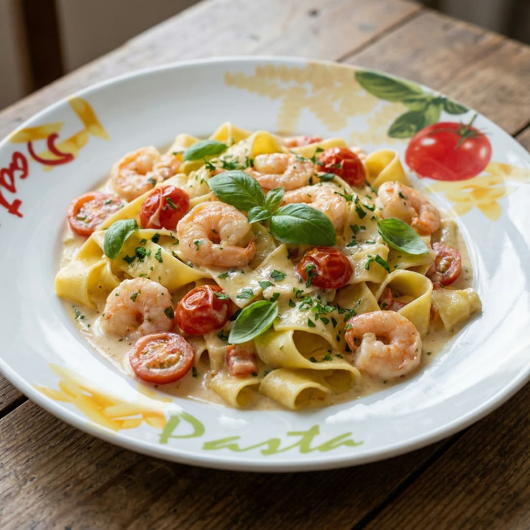 Паппарделле с креветками, помидорами в сливочном соусе