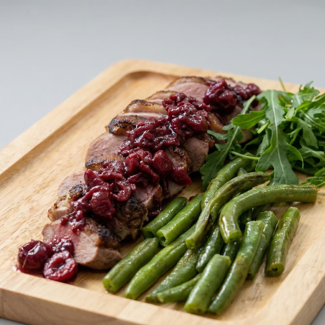 Утиная грудка с вишневым соусом и кенийской фасолью